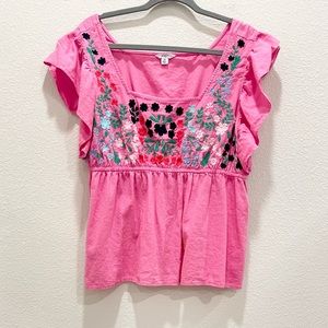 Pre-loved! CROWN & IVY Pink Linen Blend Floral Embroidered Blouse!